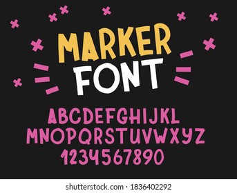 Marker font. Typography alphabet. Handwritten script for party celebration and crafty design. Vector with hand-drawn lettering. svg