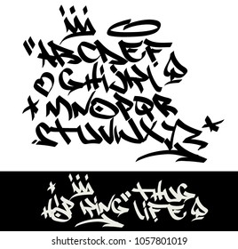 Marker graffiti tagging font and signs (crown, heart, stars, arrow, dot, quotation mark, spade). ''Hip-hop king-thug life''  quote on black background.