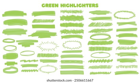 Marker green set, brush pen hand drawn underline. Highlighter collection, brush lines, isolated. Vector highlighter graphic stylish element. Watercolor green hand drawn highlight set.