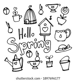 Marker hand drawn illustration. Cute doodle elements for digital and print. Hand written text Hello spring.