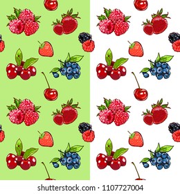 Marker Hand drawn isolated seamless pattern berries on white background banner. Sketched marker food vector. colorful Raspberry, strawberry, cherry illustration. for card, print, template, wallpaper