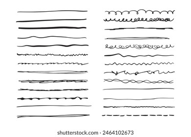 Marker hand drawn line border set and scribble design elements. Hand drawn grunge brush strokes. Set wavy horizontal lines. Set of art brushes for pen. . Vector illustration