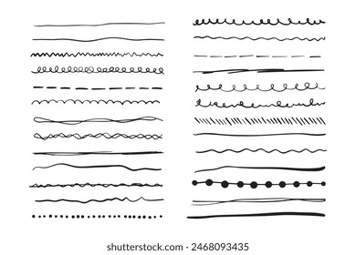 Marker hand drawn line border set and scribble design elements. Hand drawn grunge brush strokes. Set wavy horizontal lines. Set of art brushes for pen. . Vector illustration