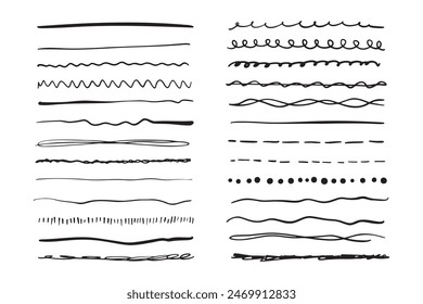 Marker hand drawn line border set and scribble design elements. Hand drawn grunge brush strokes. Set wavy horizontal lines. Set of art brushes for pen. . Vector illustration