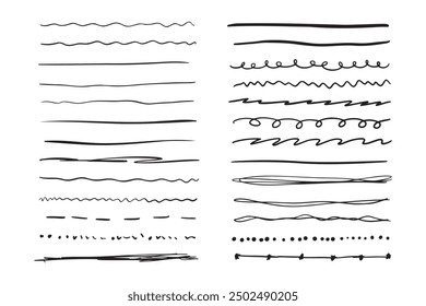Marker hand drawn line border set and scribble design elements. Hand drawn grunge brush strokes. Set wavy horizontal lines. Set of art brushes for pen. . Vector illustration
