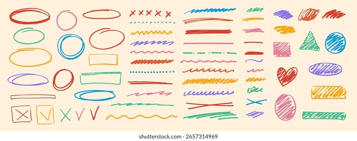 Handgezeichnete Marker-Textsymbole. Unterstrichen, Rahmen, Pfeile, Pinselelemente. Handskizzierte Pinselstriche, Kritzelformen, Markierungen. 