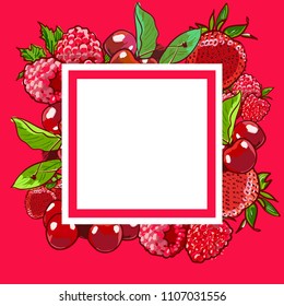 Marker Hand drawn vector eco food organic cafe menu design. Frame with natural fresh berries vector illustration with cherry, strawberry, raspberries. Agriculture or harvest, farming or vegan theme.