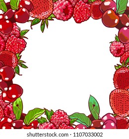 Marker Hand drawn vector eco food organic cafe menu design. Frame with natural fresh berries vector illustration with cherry, strawberry, raspberries. Agriculture or harvest, farming or vegan theme.