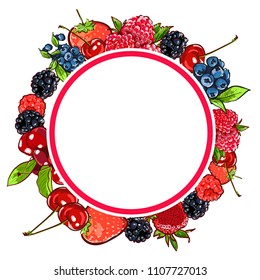 Marker Hand drawn vector eco food organic cafe menu design. Frame with natural fresh berries vector illustration with cherry, strawberry, raspberries. Agriculture or harvest, farming or vegan theme.