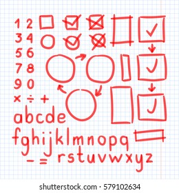 Marker Hand Written Doodle Symbols Vector. Letters, Numbers, Mathematical Symbols