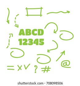 Marker hand written symbols. Vector pen line arrows and circles. Handwriting marker arrow vector
