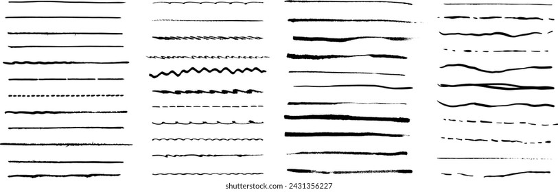 Marker hand-drawn line border set and scribble design elements. Black paint wavy and straight brush strokes vector collection. 