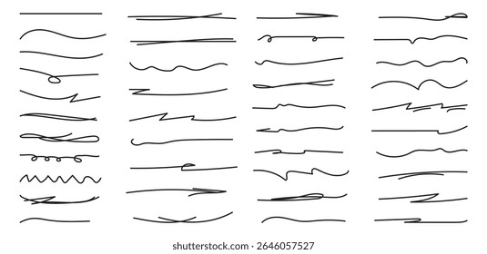  Marker hand-drawn line border set and scribble design elements. Black crayon underline divider collection - straight lines. vector illustration isolated on white background.