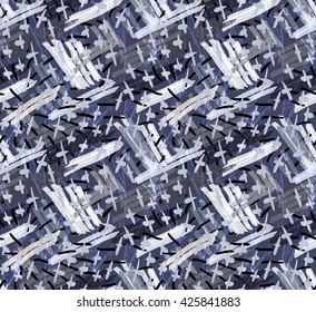 Marker hatched blue with crosses.Abstract hand drawn with ink and marker brush seamless background.Textured pattern. 