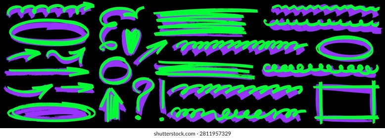 Marker highlight and brush pen doodle set. Scribble underline, arrow and circle drawn by hand. Bold marker lines, underlines and highlights add a lively pen touch.