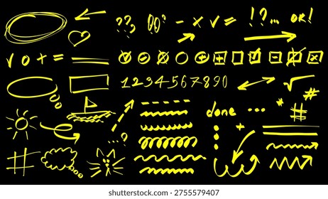 Marker highlight elements set design. Collection with doodle scribble circles, arrows, checkmarks, numbers, numbers, underlines, different lines handwritten shapes for notes. Vector illustration.
