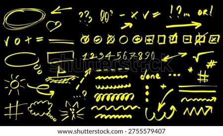 Marker highlight elements set design. Collection with doodle scribble circles, arrows, checkmarks, numbers, numbers, underlines, different lines handwritten shapes for notes. Vector illustration.