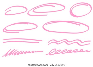Marker highlight oval frame and line set. Doodle highlight line. Hand drawn sketch. Highlighting text and important objects. Round scribble frames. Stock vector illustration on white background.