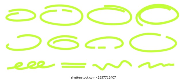 Marker highlight oval frame set. Hand drawn sketch Doodle highlight line. Highlighting text and important objects. Round scribble frames. Stock vector illustration on white background.