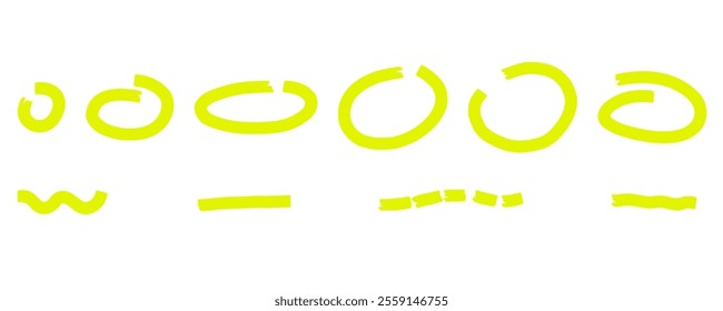 Marker highlight oval frame set. Hand drawn sketch Doodle highlight line. Highlighting text and important objects. Round scribble frames. Stock vector illustration isolated on white background.
