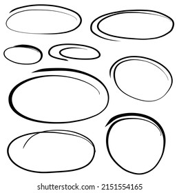 Marker highlight ovals. Marker sketch. Highlighting text and important objects. Hand drawn circles set. Doodle Round scribble frames. Stock vector illustration on white background.