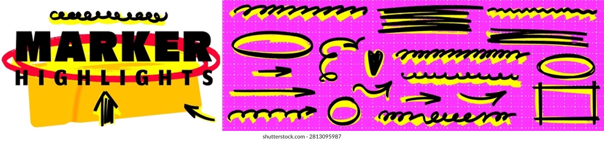Marker highlight and pen brush doodle collection. Hand drawn scribble, arrow, circle and underline. Bold marker underline and highlight bring energy to every stroke.