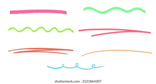 Marker highlight set, brush pen hand drawn underline. Color lines collection isolated on white.