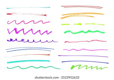 Conjunto de realce do marcador, sublinhado colorido desenhado à mão da caneta do pincel. Conjunto de linhas isolado em branco.