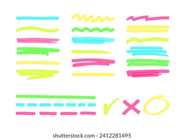 Marker resalta el conjunto de trazos de subrayado. Los colores de neón cepillan las líneas de los elementos transparentes elegantes.
