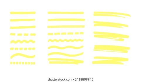 Marker highlight underline strokes set. Yellow color brush lines stylish transparent elements.