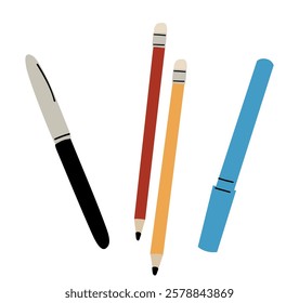 Marker, highlighter, pen and pencils set. Drawing, sketching, writing tools. Art supplies, stationery accessories of different type. Flat vector illustration isolated on white background