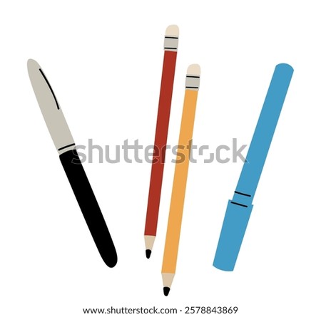 Marker, highlighter, pen and pencils set. Drawing, sketching, writing tools. Art supplies, stationery accessories of different type. Flat vector illustration isolated on white background