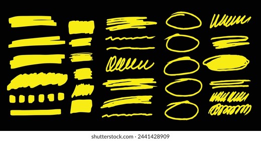 Marker highlighters underline round, punctuation marks, tick marks and sketch. Highlighters, hand drawn underline. Neon yellow. Vector on black background