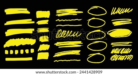 Marker highlighters underline round, punctuation marks, tick marks and sketch. Highlighters, hand drawn underline. Neon yellow. Vector on black background