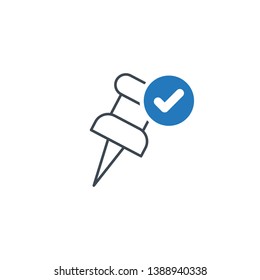 Marker icon with check sign. Push pin icon and approved, confirm, done, tick, completed symbol 