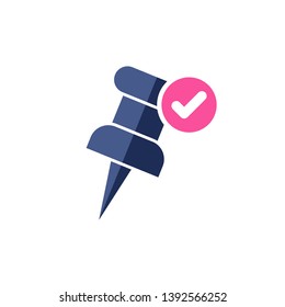 Marker icon with check sign. Push pin icon and approved, confirm, done, tick, completed symbol 