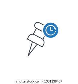 Marker icon with clock sign. Push pin icon and countdown, deadline, schedule, planning symbol 