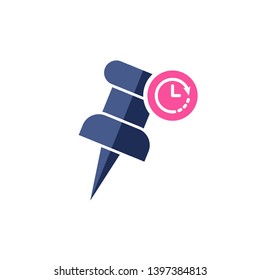 Marker icon with clock sign. Push pin icon and countdown, deadline, schedule, planning symbol 