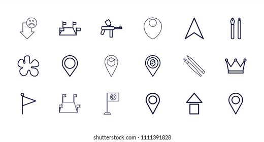 Marker icon. collection of 18 marker outline icons such as location, pen, paintball, arrow up, navigation arrow, locations, flag. editable marker icons for web and mobile.