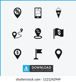 Marker icon. collection of 9 marker filled icons such as location, sale location, flag, distance, dollar location, flag with dollar. editable marker icons for web and mobile.