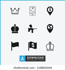 Marker icon. collection of 9 marker filled and outline icons such as crown, dollar location, flag, flag with dollar, paintball. editable marker icons for web and mobile.