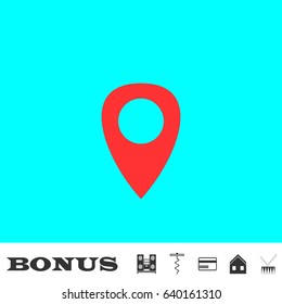 Marker icon flat. Red pictogram on blue background. Vector illustration symbol and bonus buttons Music center, corkscrew, credit card, house, drum
