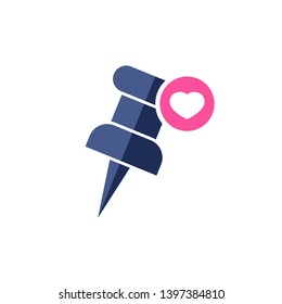 Marker icon with heart sign. Push pin icon and favorite, like, love, care symbol