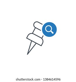 Marker icon with research sign. Push pin icon and explore, find, inspect symbol 
