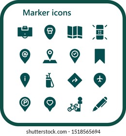 marker icon set. 16 filled marker icons.  Collection Of - Area, Location, Map, Eraser, Placeholder, Bookmark, Arrow, Direction, Pin, Parking, Pen icons
