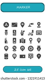 marker icon set. 25 filled marker icons.  Simple modern icons about  - Navigation, Map, Location, Paint tube, Placeholder, Pen, Gps, Pencil case, Parking, Arrow, Pin, Refresh