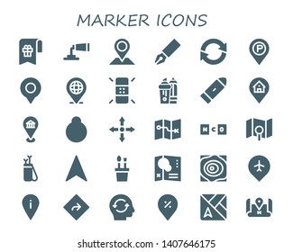 marker icon set. 30 filled marker icons.  Simple modern icons about  - Bookmark, Paint tube, Placeholder, Pen, Refresh, Location, Eraser, Highlighter, Bullet, Directions, Map
