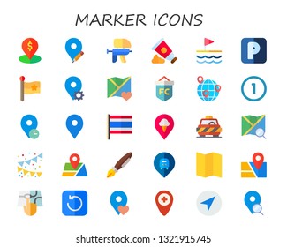 marker icon set. 30 flat marker icons.  Simple modern icons about  - placeholder, paintball gun, paint tube, flag, parking, map, maps and flags, number, pin, flags, gps, pen, location