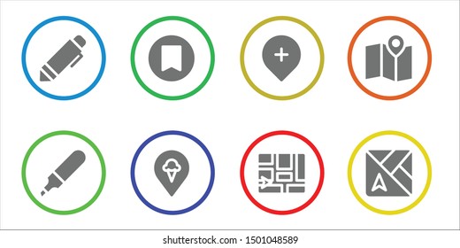 marker icon set. 8 filled marker icons.  Collection Of - Pen, Marker, Bookmark, Pin, Gps, Map, Maps