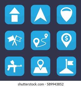 marker icon. Set of 9 filled marker icons such as flag, navigation arrow, location pin, distance, paintball, location, arrow up